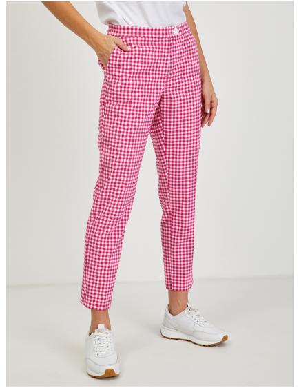 Tmavě růžové dámské kostkované kalhoty