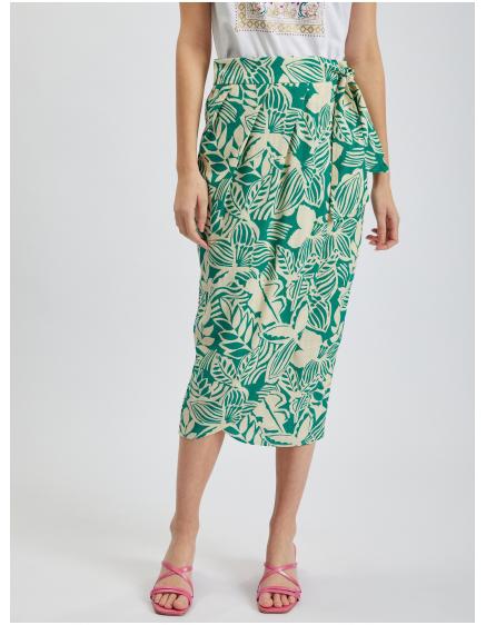 Krémovo-zelená dámská vzorovaná zavinovací midi sukně s příměsí lnu