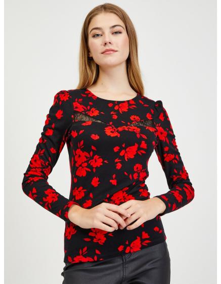 Červeno-černé dámské květované tričko