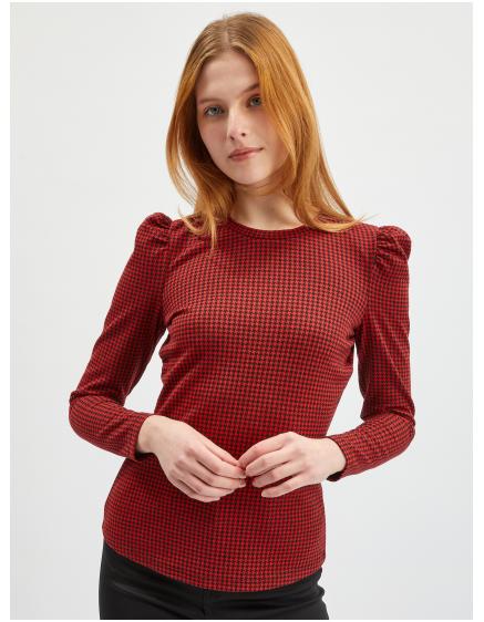 Červené dámské vzorované tričko s dlouhým rukávem