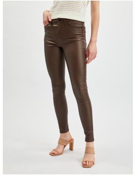 Tmavě hnědé dámské koženkové skinny fit kalhoty ORSAY 34