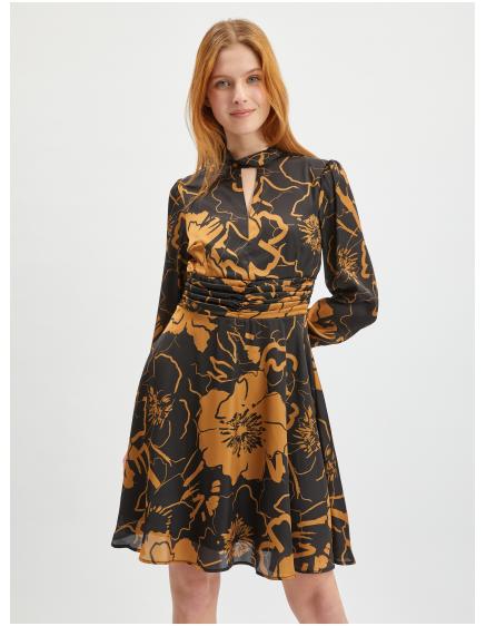 Hnědo-černé dámské květované saténové šaty