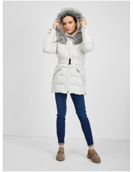 Krémová dámská zimní prošívaná bunda s páskem