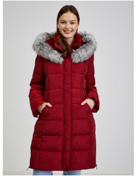 Vínový dámský péřový zimní kabát s kapucí a umělým kožíškem