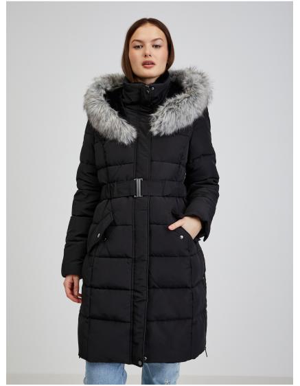 Černý dámský péřový zimní kabát s kapucí a umělým kožíškem