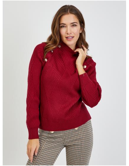 Červený dámský žebrovaný svetr s ozdobnými knoflíky