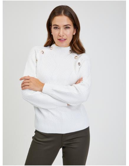 Bílý dámský žebrovaný svetr s ozdobnými knoflíky