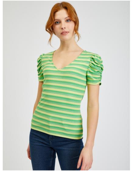 Žluto-zelené dámské pruhované tričko