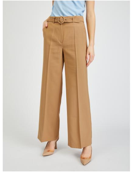 Hnědé dámské široké kalhoty s páskem