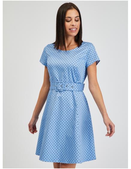 Modré dámské puntíkované šaty s páskem