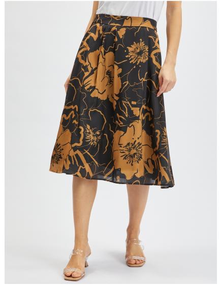 Hnědo-černá dámská květovaná saténová sukně