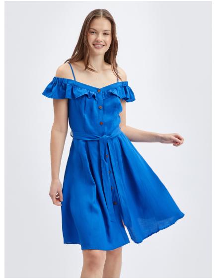 Modré dámské šaty s příměsí lnu