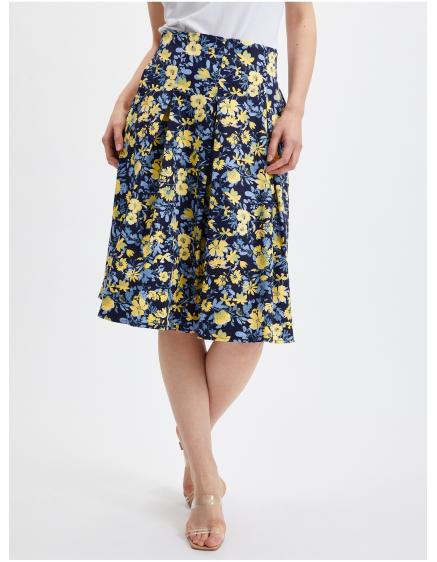 Žluto-modrá dámská skládaná květovaná sukně