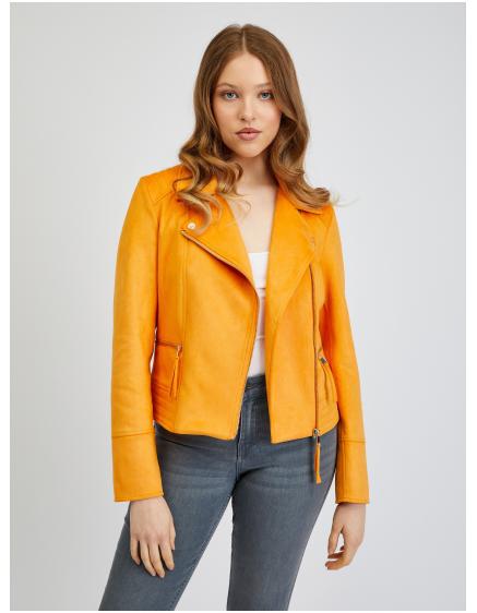 Oranžová dámská koženková bunda v semišové úpravě