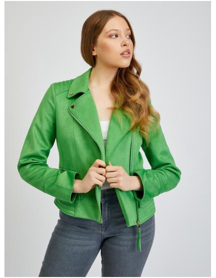 Zelená dámská koženková bunda v semišové úpravě