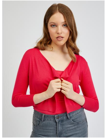 Levně Tmavě růžový dámský cropped kardigan