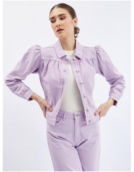 Světle fialová dámská džínová bunda s nabíranými rukávy