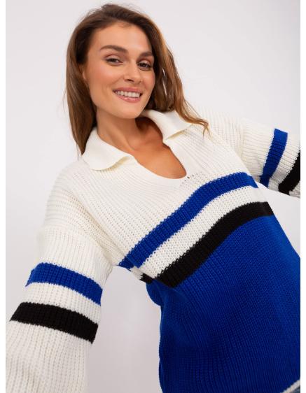 Dámský svetr s límečkem oversize ALESSIA ecru-kobaltový