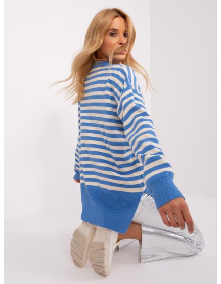 Dámský svetr nadměrné velikosti s pruhy TAN modrý a ecru