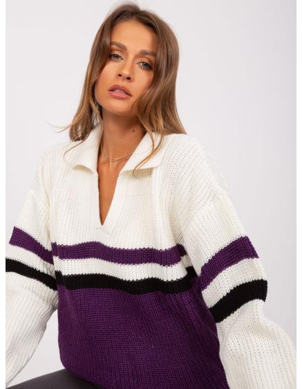 Dámský svetr s límečkem oversize UTINI ecru fialový