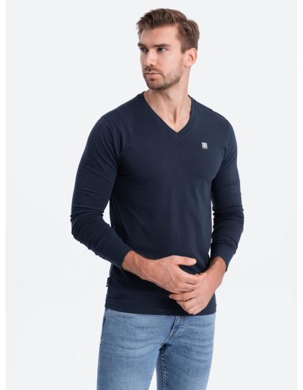 Levně Pánské tričko s dlouhým rukávem V-NECK námořnická modř
