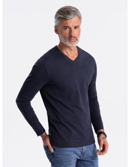 Levně Pánské tričko s dlouhým rukávem V-NECK bez potisku tmavě modrý