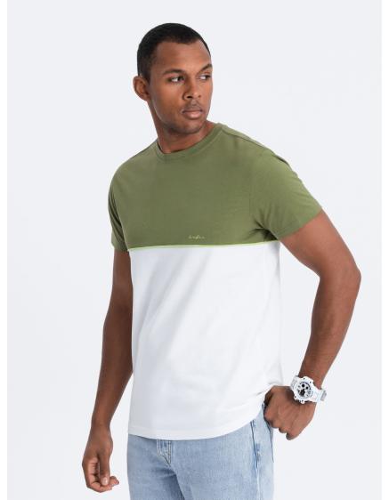 Pánské dvoubarevné bavlněné tričko V5 S1619 olivové a bílé