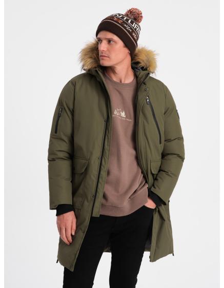 Pánská zimní bunda s odnímatelnou kožešinou z kapuce ALASKAN olivově zelená