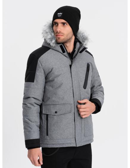 Pánská dlouhá zimní bunda s odnímatelnou kožešinou V1 OM-JAHP-0144 šedá a černá