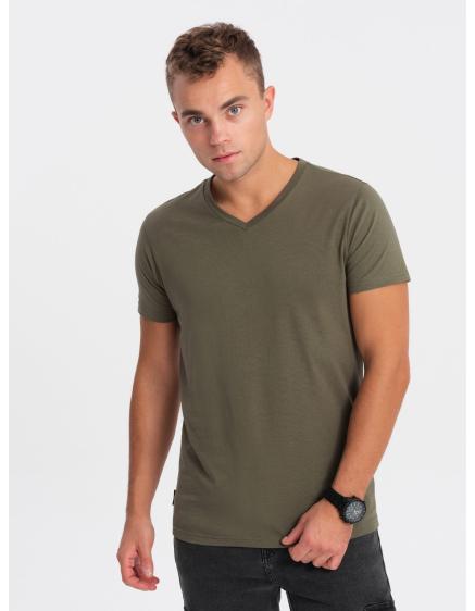 Pánské klasické bavlněné tričko s výstřihem BASIC tmavě olivové