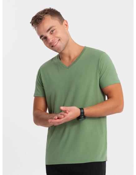 Pánské klasické bavlněné tričko s výstřihem BASIC zelené