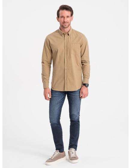 Levně Pánská bavlněná polokošile REGILAR FIT s kapsou V2 OM-SHOS-0153 světle hnědá