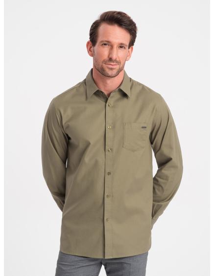 Levně Pánská bavlněná košile s kapsou REGULAR FIT V2 OM-SHCS-0147 olivová