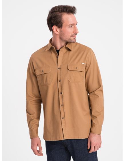 Pánská bavlněná košile REGULAR FIT s kapsami na knoflíky V2 OM-SHCS-0146 hnědá