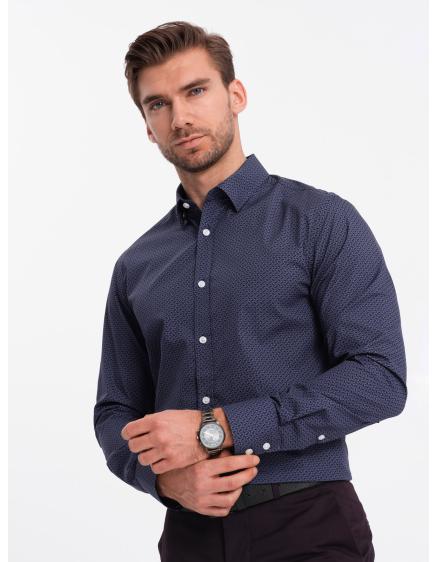 Levně Pánská bavlněná vzorovaná košile SLIM FIT tmavě modrá