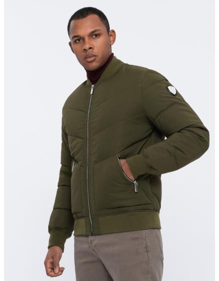 Levně Pánská prošívaná bunda bomber s kovovými zipy tmavě V3 OM-JALP-0143 olivově zelená