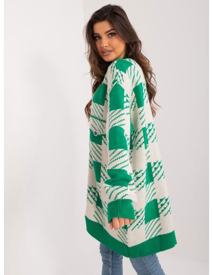 Dámský svetr s geometrickým vzorem oversize zeleno-béžový