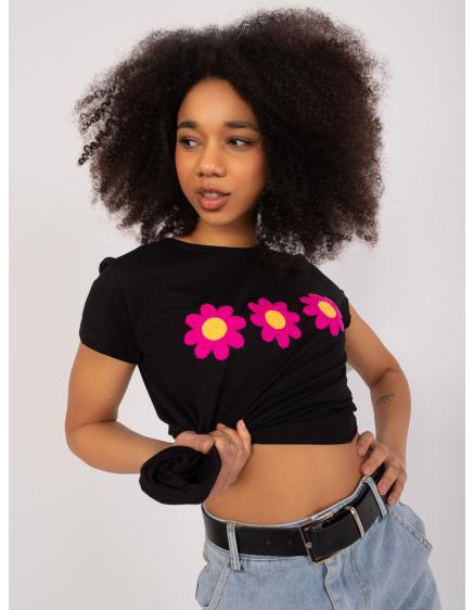 Dámské tričko s květinovou výšivkou BASIC FEEL GOOD černé