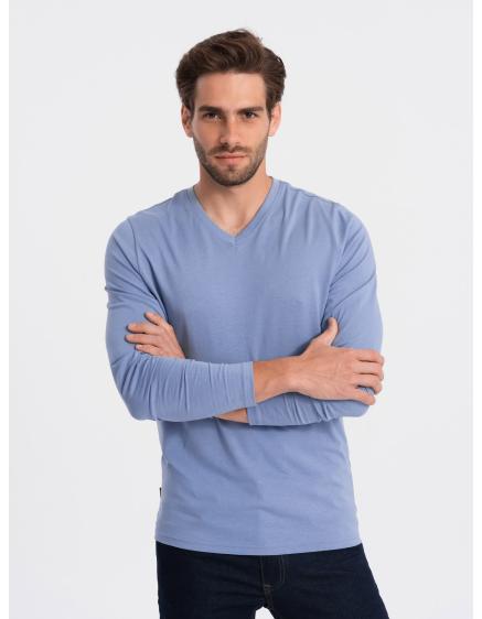 Levně Pánské dlouhé rukávy V-NECK bez potisku světle modré
