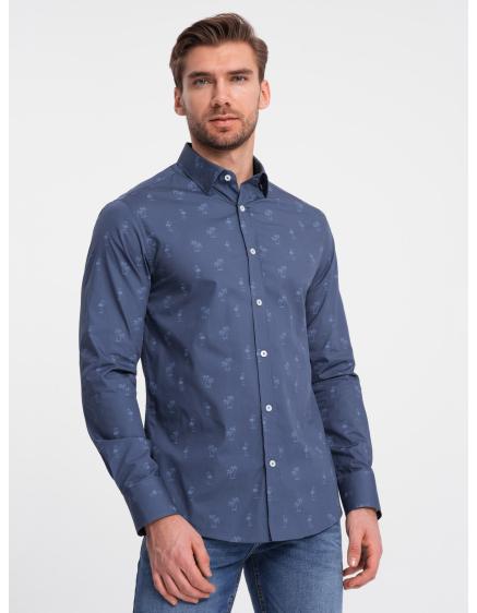 Levně Pánská bavlněná košile SLIM FIT s palmami tmavě modrá