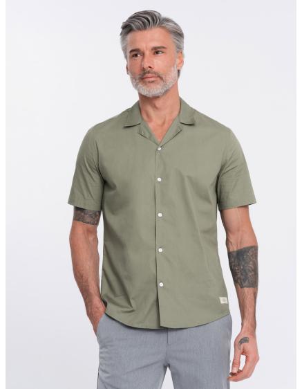 Levně Pánská košile s krátkým rukávem a kubánským límcem V4 OM-SHSS-0168 khaki