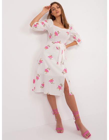Dámské šaty s páskem květinové midi ecru-růžové