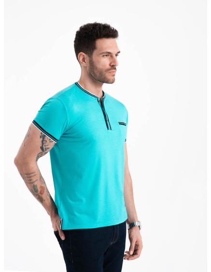 Levně Pánské tričko HENLEY s ozdobným žebrováním tyrkysové