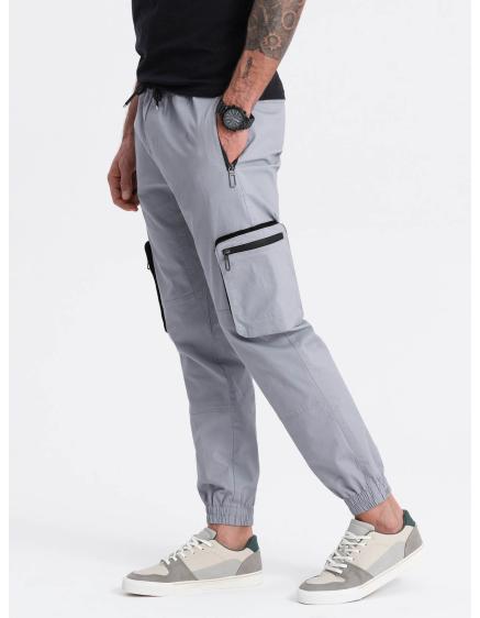 Pánské kalhoty JOGGER se stojáčkem a nákladovými kapsami na zip světle šedé