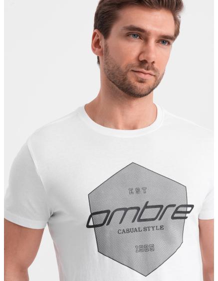 Pánské bavlněné tričko s geometrickým potiskem a logem bílé