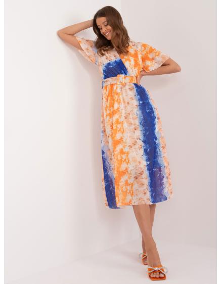 Dámské šaty s páskem vzorované oranžovo modré
