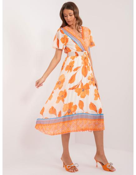 Dámské šaty s páskem vzorované oranžovo-béžové