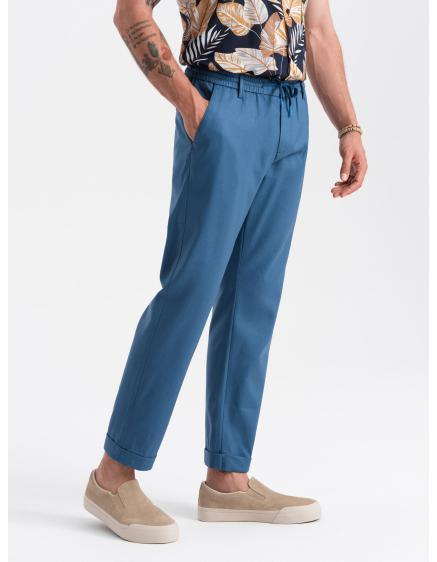 Levně Pánské kalhoty chino roll-up ze směsi lnu V5 OM-PACP-0198 modrá džínovina