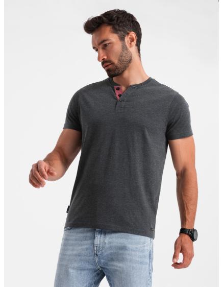 Levně Pánské tričko s rozepnutým kulatým výstřihem henley černé