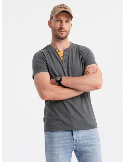 Levně Pánské tričko s kulatým výstřihem henley tmavě šedé